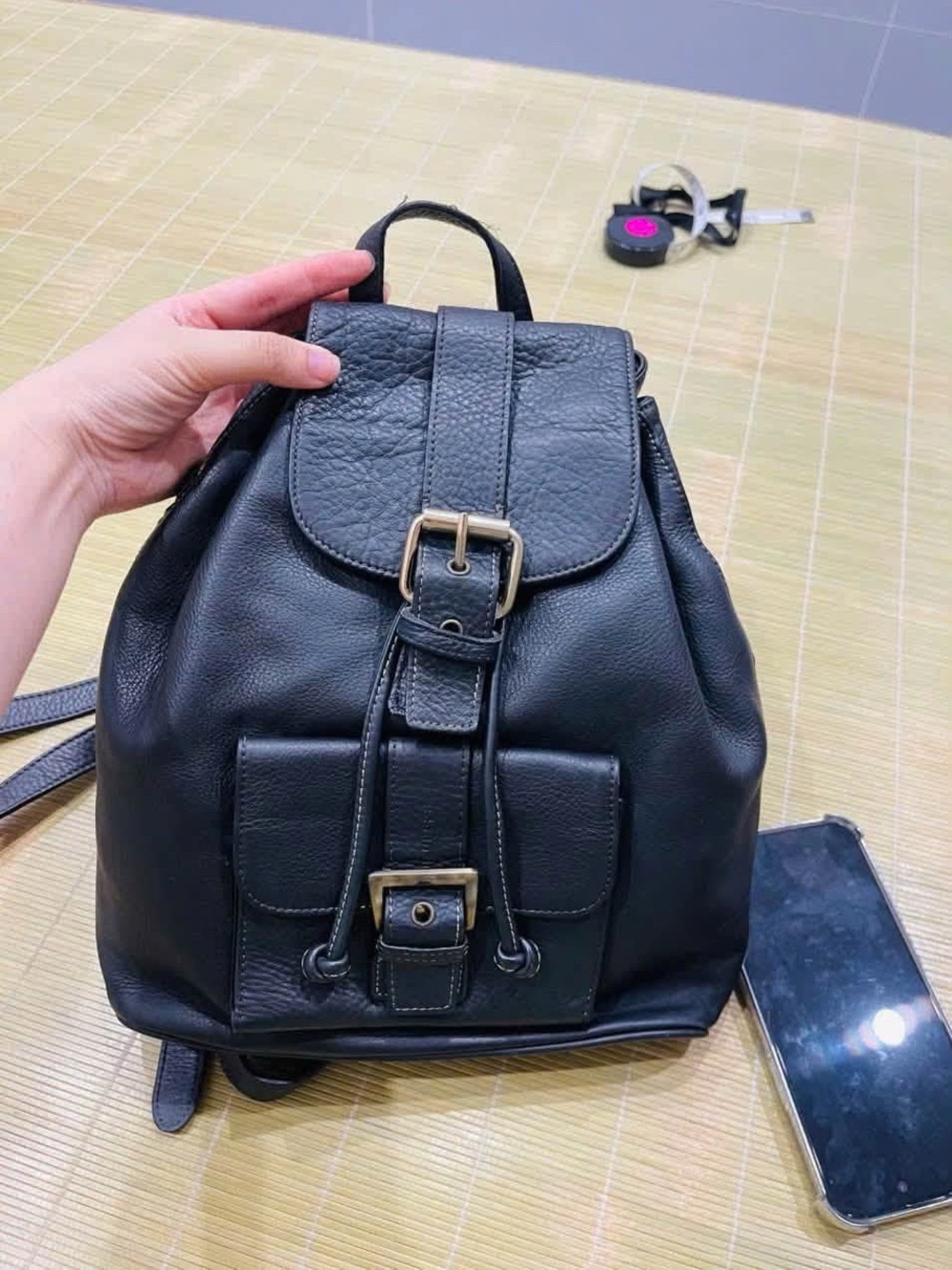 Black Leather Buckle Drawstring Backpack
